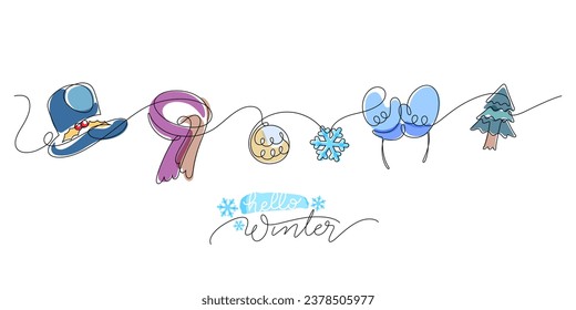 One line drawing of winter. hello winter season inscription concept and objects element decoration vector illustration
