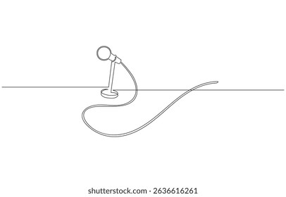 one line drawing wired microphone vector illustration minimalist design, wired microphone continuous line art drawing, Retro microphone in one line drawing.