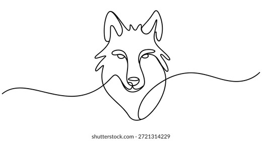 Eine Linienzeichnung des Wolfskopfes im Profil. Wölfe Maskottchen Konzept. Trendige kontinuierliche Linie Tier Maskottchen Konzept für Icon. Zeichnung einzeln auf weißem Hintergrund. Einzeilige Stockvektorgrafik.