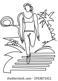 One line drawing of woman athlete going down stairs
One continuous line drawing of healthy lifestyle and outdoors concept.