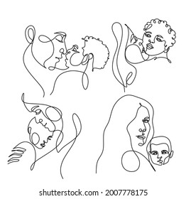 One line drawing woman and baby minimal logo. Line art  mother and child vector illustration. Happy Mother day card. 