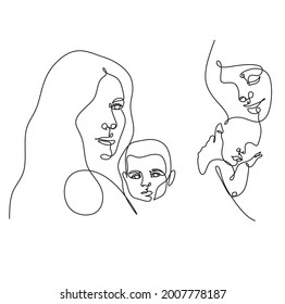 One line drawing woman and baby minimal logo. Line art  mother and child vector illustration. Happy Mother day card. 