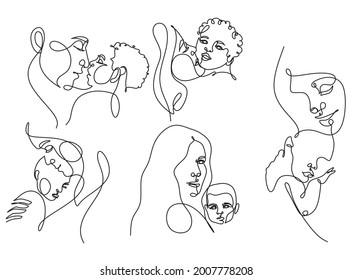 One line drawing woman and baby minimal logo. Line art  mother and child vector illustration. Happy Mother day card. 