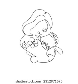 One line drawing woman and baby minimal logo. Line art mother and child vector illustration. Happy Mother day card.