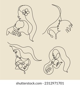 One line drawing woman and baby minimal logo. Line art mother and child vector illustration. Happy Mother day card.