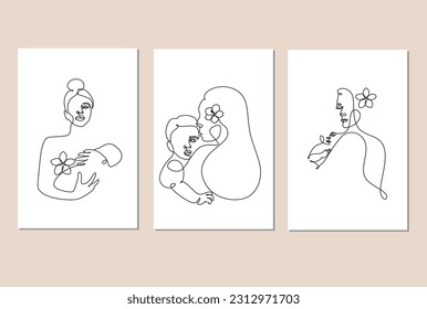 One line drawing woman and baby minimal logo. Line art mother and child vector illustration. Happy Mother day card.
