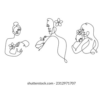 One line drawing woman and baby minimal logo. Line art mother and child vector illustration. Happy Mother day card.
