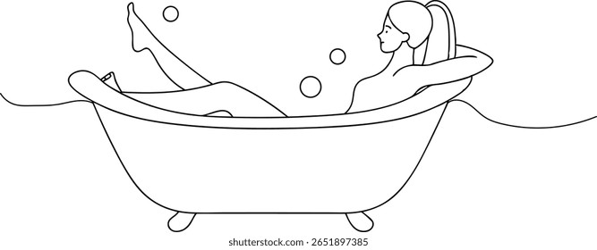 One Line Drawing of Woman in Bathtub – Minimal Self-Care, Relaxation and Spa Concept