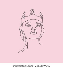 One line drawing. Woman with a Crown One Line Art Design. Continuous one line drawing of women portrait. Fashionable woman style.