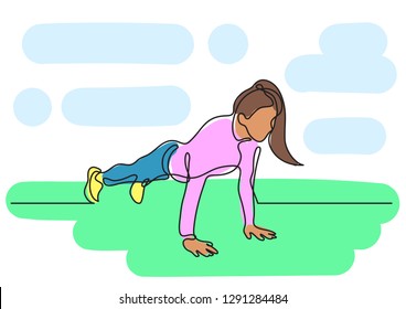 one line drawing of woman doing pushups