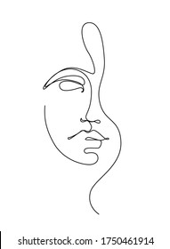 One Line Drawing Woman Face. Beauty Female Portrait in Sketch Art Style, Continuous Line Draw Head, Single Outline Girl Head Vector Illustration