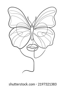 One line drawing woman face with butterfly covering her eyes. Minimalist art, elegant female portrait. Continuous line vector illustration