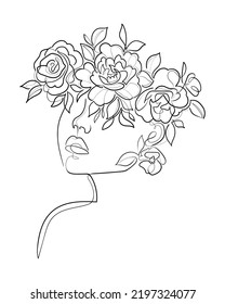 One line drawing woman face with flowers and leaves on her head. Minimalist art, elegant female portrait. Vector illustration