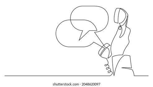 one line drawing of woman hand holding phone receiver with speech bubbles with copy space