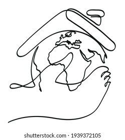 One line drawing of woman hands holding earth globe.
One continuous line drawing of 'save the world'  concept.