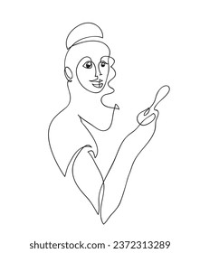One line drawing of woman holding pregnancy test with positive.
One continuous line drawing of woman being glad to become mother.