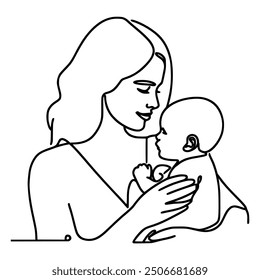 one line drawing woman holding her baby care vector illustration template design