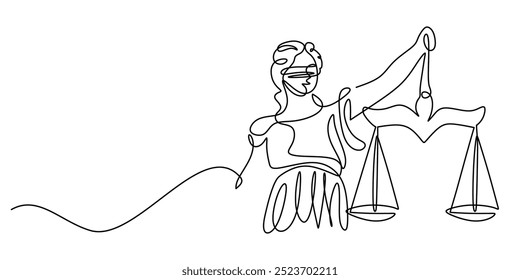 One line drawing of a woman holding a justice scale. Themis statue concept. A simple depiction symbolizing fairness and equality. Vector illustration.