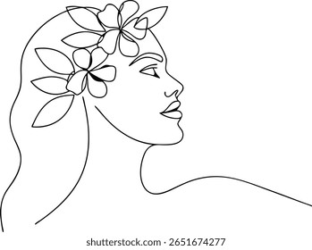 One Line Drawing of a Woman with Large Floral Headpiece – Feminine Beauty, Nature Connection and Aesthetic Line Art