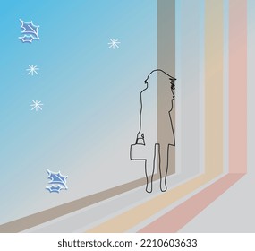 one line drawing of a woman with a light blue gradient and abstract graphic element background