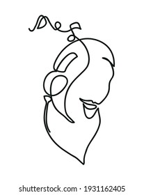 One line drawing of woman listening music via headphones. 
One continuous line drawing of woman listening to music