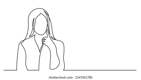 one line drawing of woman with long hair thinking finding solutions solving problems