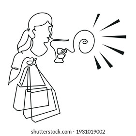 One line drawing of  woman  looking away and screaming in megaphone.
One continuous line drawing of  woman  holding shopping bags and making sale announcement.
