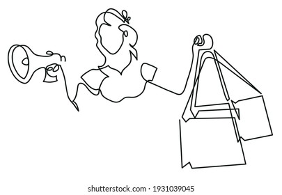 One line drawing of  woman  looking away and screaming in megaphone.
One continuous line drawing of  woman  holding shopping bags and making sale announcement.