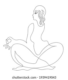 One line drawing of woman meditating.
One continuous line drawing of  woman sitting cross-legged meditating.