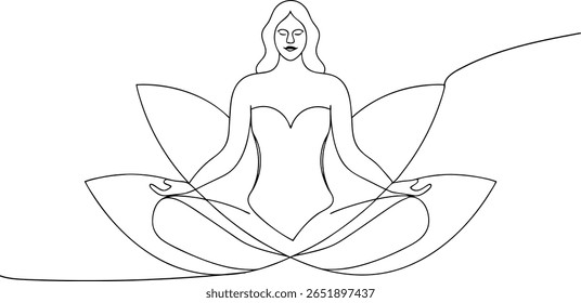 Um desenho de linha de uma mulher meditando em Lotus Pose - linha contínua arte da meditação