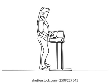 One line drawing of a woman playing the piano or keyboard. Minimalist hand-drawn vector style illustration.