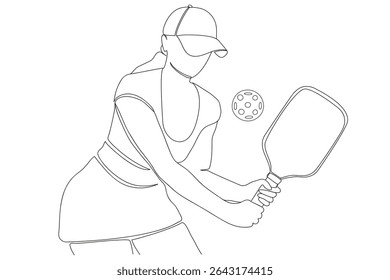 One line drawing of  woman playing pickleball. Ideal for sport, pickleball, active lifestyle, and graphic design themes.