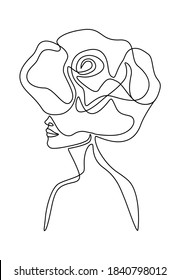 One line drawing of woman portrait with rose. Single continuous line abstract face with flower, save nature concept, botanical print. Vector fashion illustration