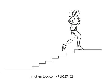 One Line Drawing Of Woman Running On Stairs