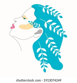 One line drawing of a woman s face in profile, the concept of female beauty in minimalism. Abstract multicolored doodle pastel colors. Vector illustration.