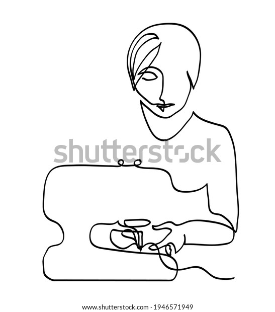 One Line Drawing Woman Sewing Machine Stock Vector Royalty Free