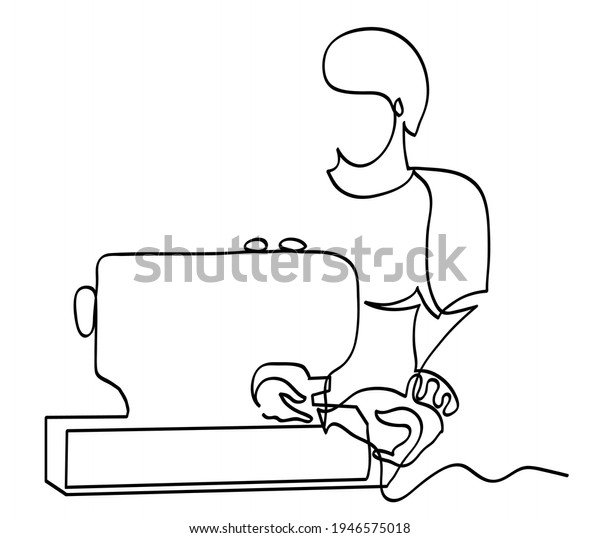 One Line Drawing Woman Sewing Machine Stock Vector Royalty Free