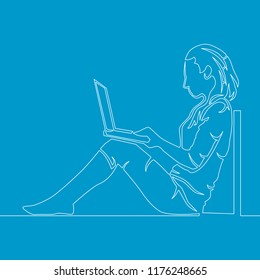 one line drawing of a woman sitting with laptop computer vector illustration Concept