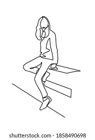 One line drawing woman sitting on the beach.concept of summer vocation.  Abstract women's silhouette, minimalist style. Female sitting  line vector illustration. 
