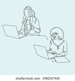 one line drawing of a woman sitting with laptop computer. Young female in glasses using laptop, communicates on internet with customer in home, reusable coffee tea mug 
