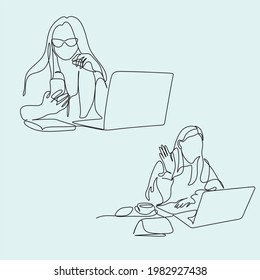 one line drawing of a woman sitting with laptop computer. Young female in glasses using laptop, communicates on internet with customer in home, reusable coffee tea mug 