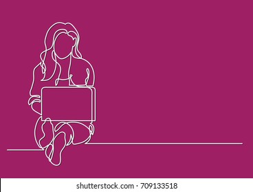 one line drawing of a woman sitting with laptop computer