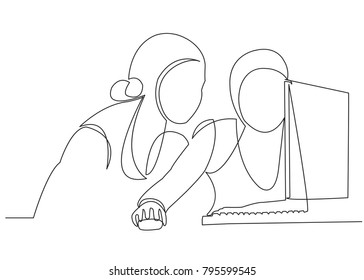 one line drawing of a woman sitting with laptop computer