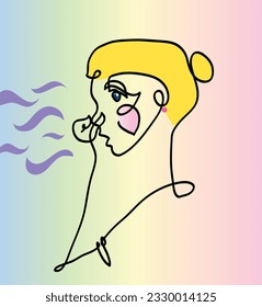 One line drawing of woman smelling something bad.
One continuous line drawing of blond woman holding her nose.
