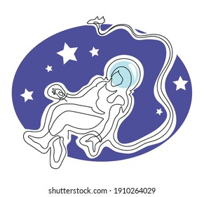 One line drawing of  woman in spacesuit.
One continuous line drawing of  woman astronaut on dark starry sky.