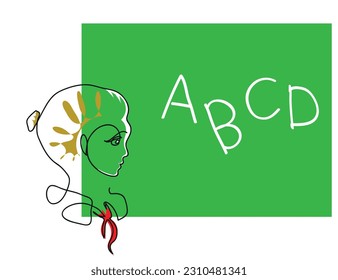 One line drawing of woman teacher teaching alphabet.
One continuous line drawing of woman teacher near blackboard.
