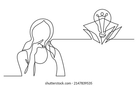 dibujo de una línea de la mujer pensando en resolver problemas encontrando soluciones