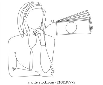one line drawing of woman thinking about money
