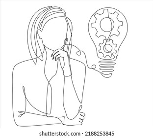 one line drawing of woman thinking about new startup idea. Vector illustration. Isolated on white background. 
