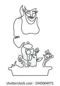 One line drawing of  woman watering plant.
One continuous line drawing of gardener woman pouring water to seedling.
